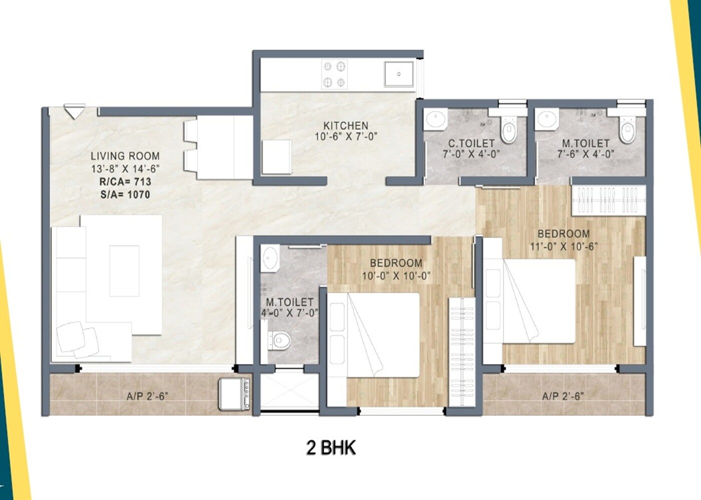 Floor plan of 2 BHK 667 Sq. Ft. Apartment in Quba Arjun Heights, Thane