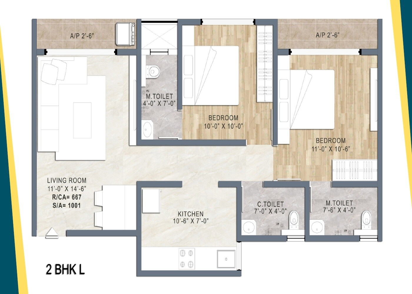 Floor plan of 2 BHK 713 Sq. Ft. Apartment in Quba Arjun Heights, Thane