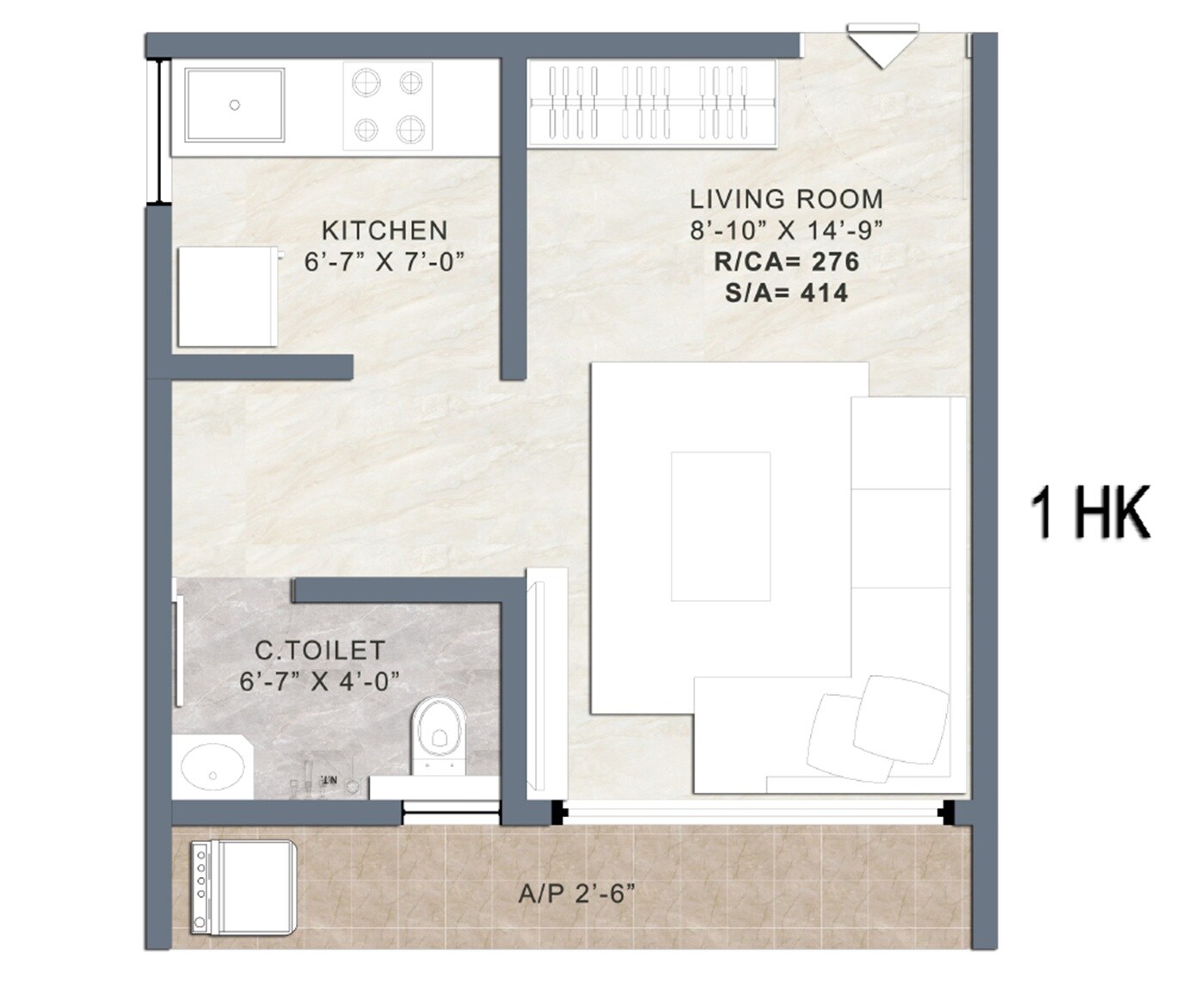 Floor plan of 276 Sq. Ft. Studio in Quba Arjun Heights, Thane