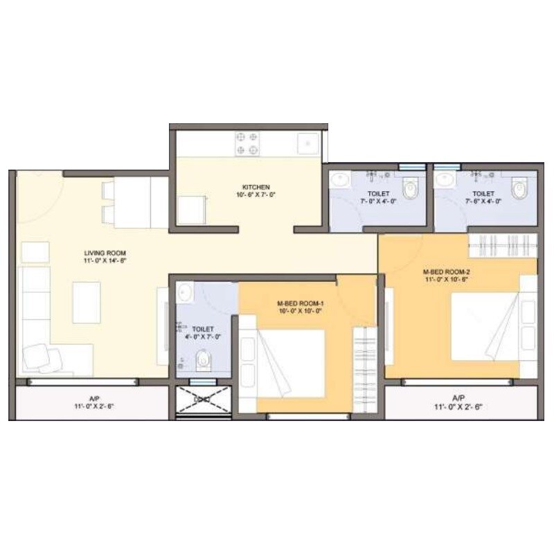 Floor plan of 2 BHK 608 Sq. Ft. Apartment in Quba Asma Garden, Thane