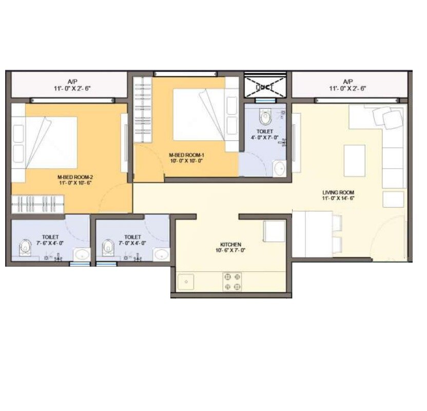 Floor plan of 2 BHK 613 Sq. Ft. Apartment in Quba Asma Garden, Thane