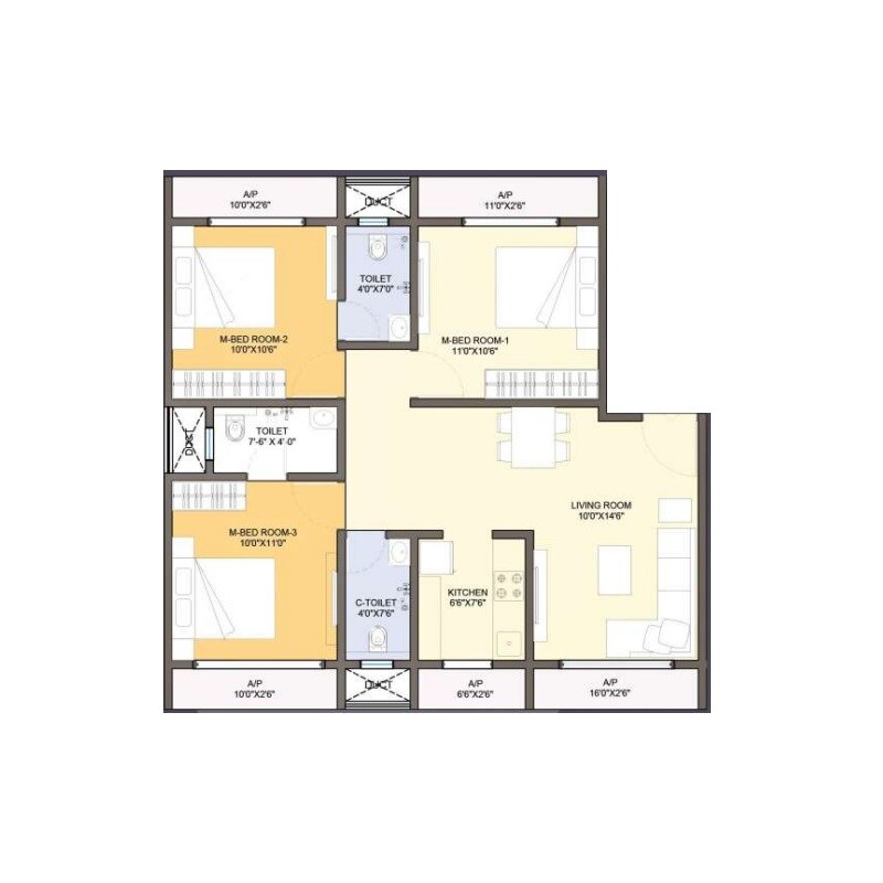 Floor plan of 3 BHK 805 Sq. Ft. Apartment in Quba Asma Garden, Thane