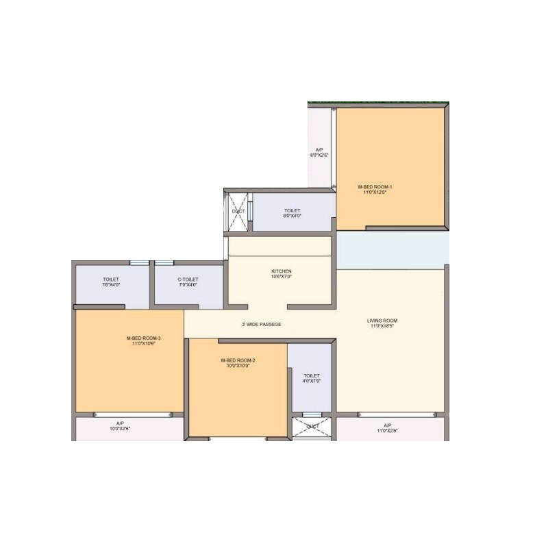 Floor plan of 3 BHK 819 Sq. Ft. Apartment in Quba Asma Garden, Thane