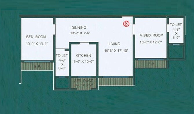 Floor plan of 2 BHK 667 Sq. Ft. Apartment in Quba Marine Heights, Thane