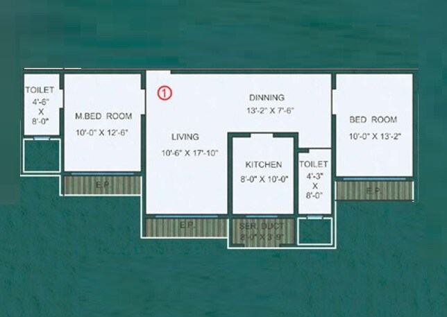 Floor plan of 2 BHK 835 Sq. Ft. Apartment in Quba Marine Heights, Thane