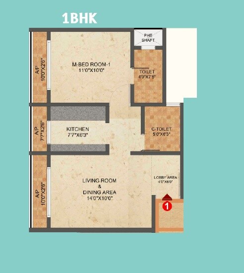 Floor plan of 1 BHK 513 Sq. Ft. Apartment in Quba Unity Towers, Thane