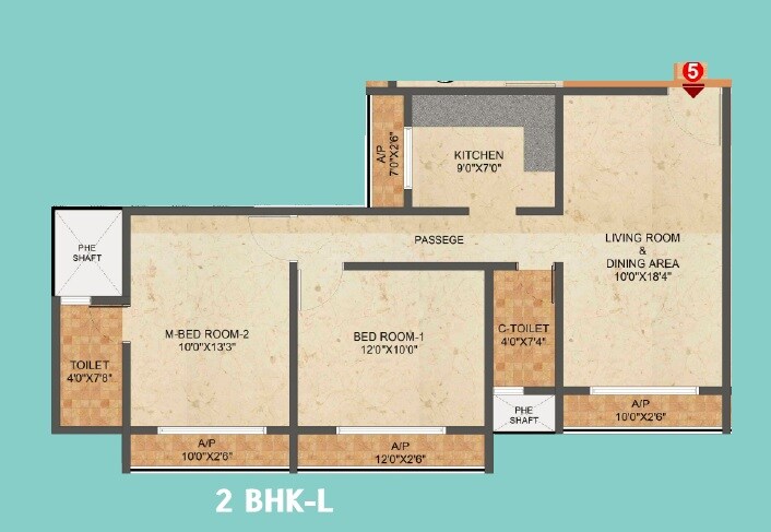 Floor plan of 2 BHK 740 Sq. Ft. Apartment in Quba Unity Towers, Thane