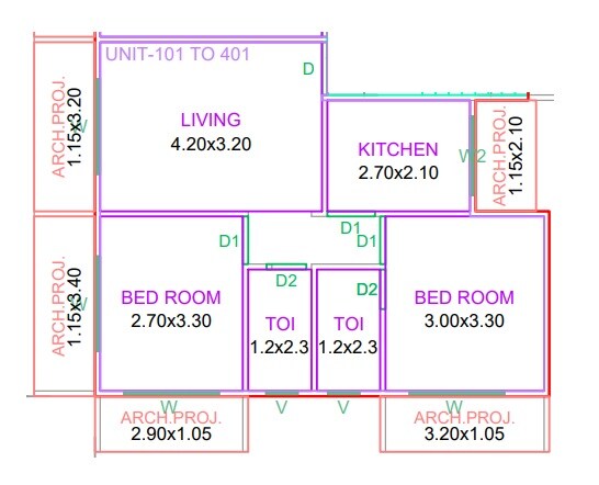 Floor plan of 2 BHK 515 Sq. Ft. Apartment in RA Vanya Arcade, Thane