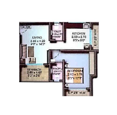 Floor plan of 1 BHK 361 Sq. Ft. Apartment in Rachana Greens, Thane