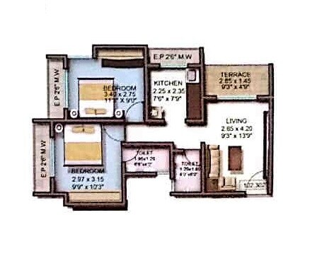 Floor plan of 2 BHK 426 Sq. Ft. Apartment in Rachana Greens, Thane