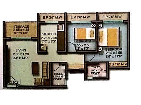 Floor plan of 2 BHK 497 Sq. Ft. Apartment in Rachana Greens, Thane