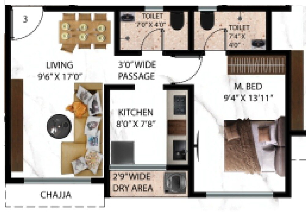 Floor plan of 1 BHK 478 Sq. Ft. Apartment in Rachana Mandarmala CHS, Thane