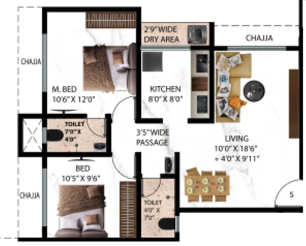 Floor plan of 2 BHK 559 Sq. Ft. Apartment in Rachana Mandarmala CHS, Thane