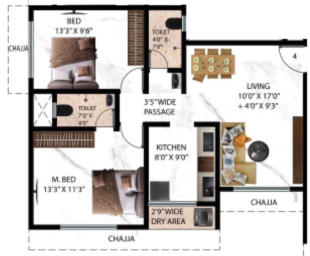 Floor plan of 2 BHK 870 Sq. Ft. Apartment in Rachana Mandarmala CHS, Thane