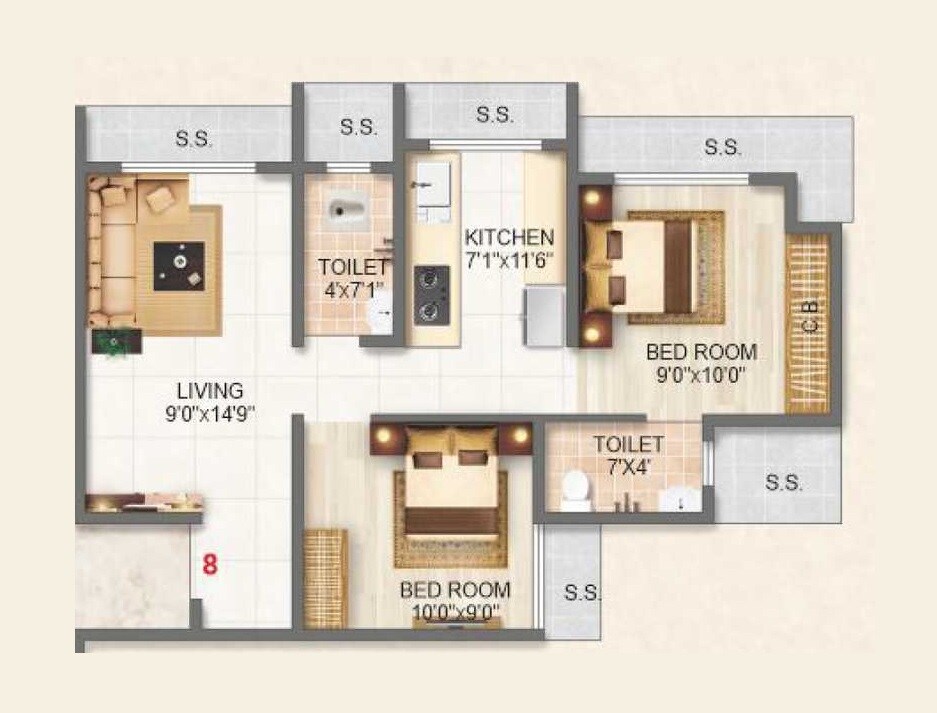 Floor plan of 2 BHK 400 Sq. Ft. Apartment in Radhe Krishna Residency Khardipada, Thane