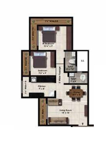 Floor plan of 2 BHK 646 Sq. Ft. Apartment in Rai Ashtami, Thane