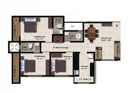 Floor plan of 3 BHK 780 Sq. Ft. Apartment in Rai Ashtami, Thane