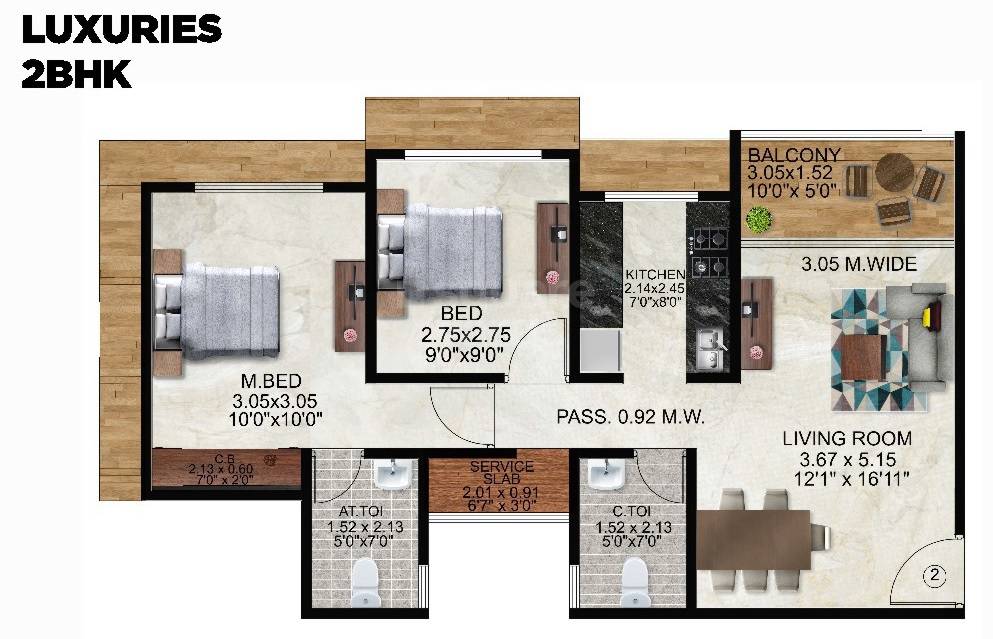 Floor plan of 2 BHK 668 Sq. Ft. Apartment in Rai Prakash Landmark, Thane