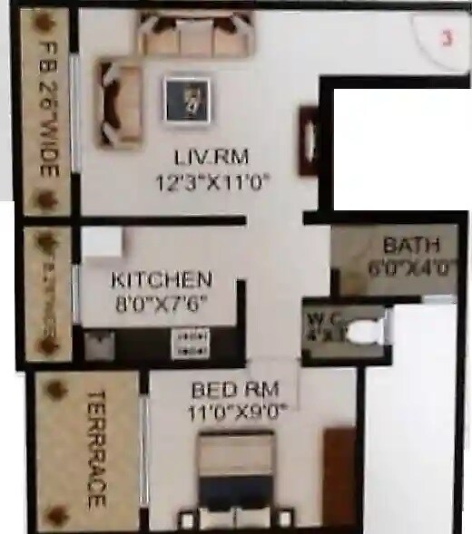 Floor plan of 1 BHK 419 Sq. Ft. Apartment in Rais Tulip, Thane