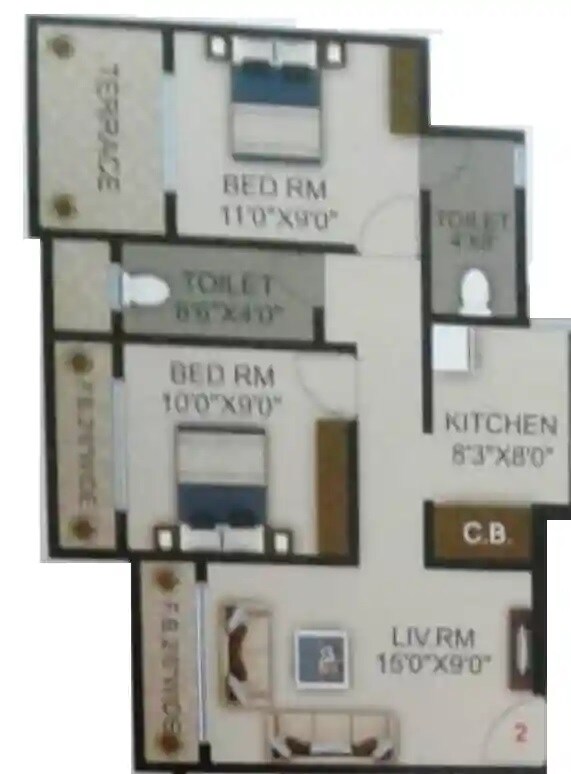 Floor plan of 2 BHK 646 Sq. Ft. Apartment in Rais Tulip, Thane