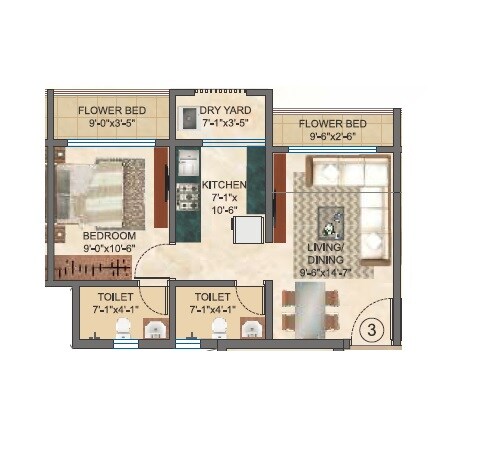 Floor plan of 1 BHK 357 Sq. Ft. Apartment in Raj Akshay, Thane