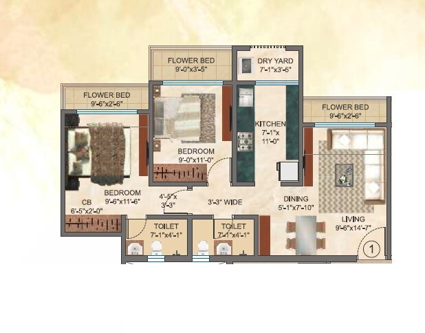 Floor plan of 2 BHK 552 Sq. Ft. Apartment in Raj Akshay, Thane