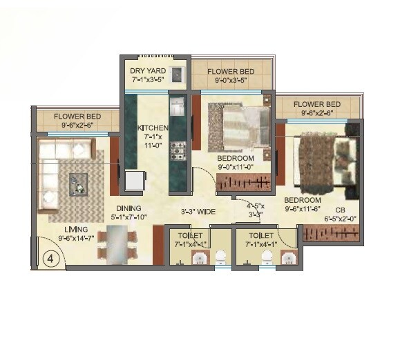 Floor plan of 2 BHK 608 Sq. Ft. Apartment in Raj Akshay, Thane