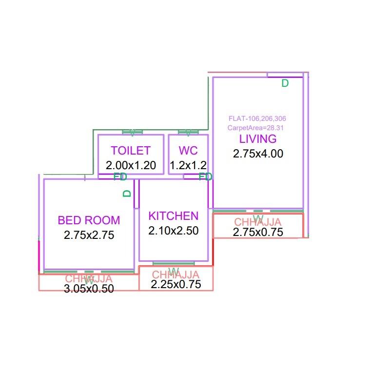 Floor plan of 1 BHK Apartment - 305 sq. ft. in Raj Crest, Thane