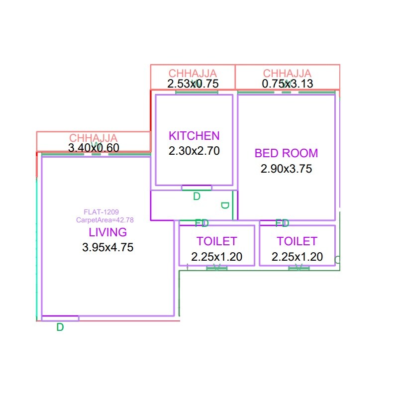 Floor plan of 1 BHK Apartment - 460 sq. ft. in Raj Crest, Thane