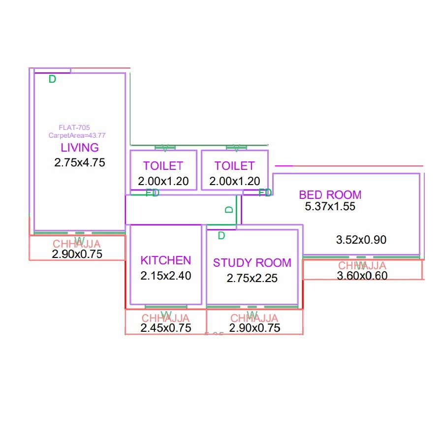 Floor plan of 2 BHK Apartment - 471 sq. ft. in Raj Crest, Thane