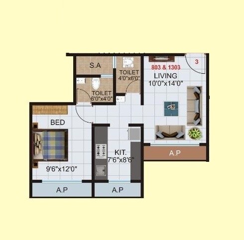 Floor plan of 1 BHK 500 Sq. Ft. Apartment in Raj Empires, Thane