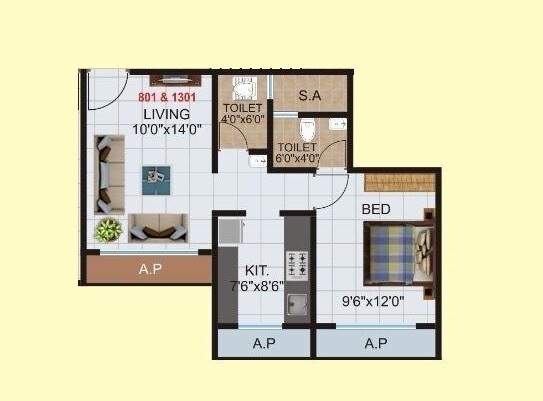 Floor plan of 1 BHK 470 Sq. Ft. Apartment in Raj Empires, Thane