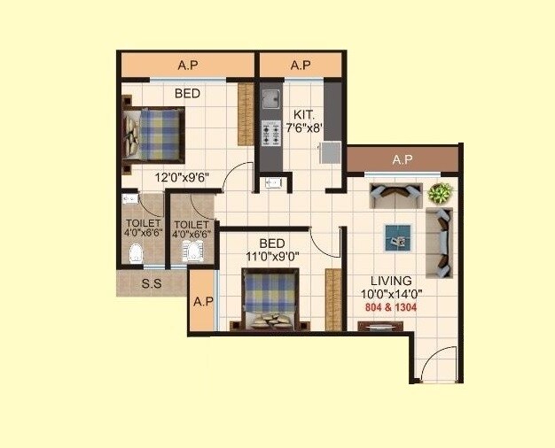 Floor plan of 2 BHK 610 Sq. Ft. Apartment in Raj Empires, Thane