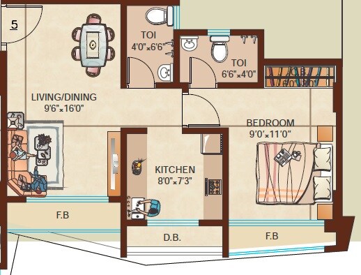 Floor plan of 1 BHK 386 Sq. Ft. Apartment in Raj Florenza, Thane