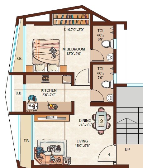 Floor plan of 1 BHK 410 Sq. Ft. Apartment in Raj Florenza, Thane