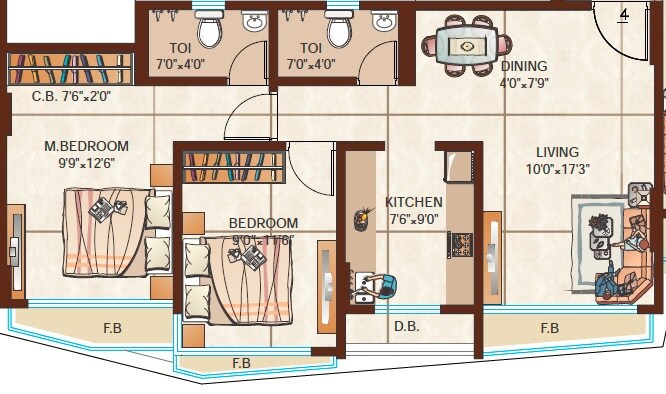 Floor plan of 2 BHK 506 Sq. Ft. Apartment in Raj Florenza, Thane
