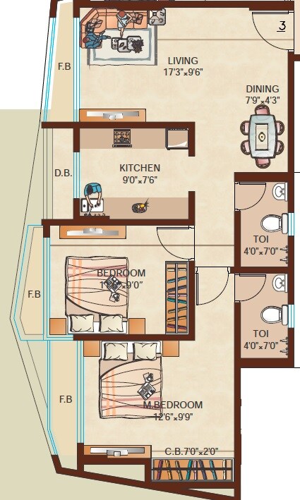 Floor plan of 2 BHK 611 Sq. Ft. Apartment in Raj Florenza, Thane