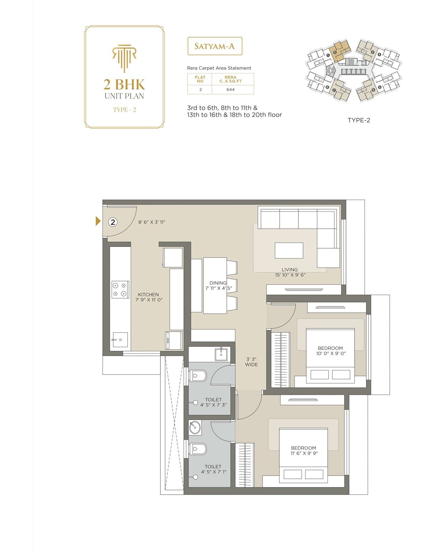 Floor plan of 2 BHK 644 Sq. Ft. Apartment in Raj Legacy Satyam, Thane