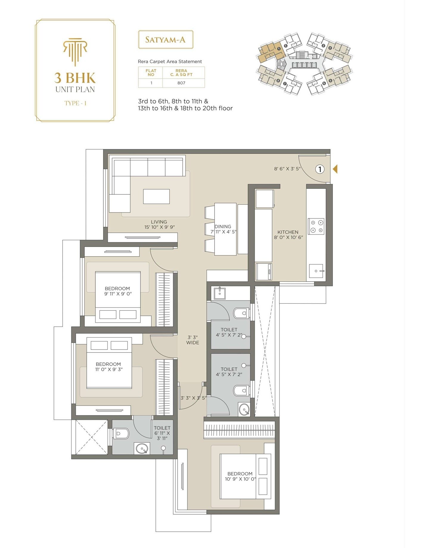 3 BHK 807 Sq. Ft. Apartment