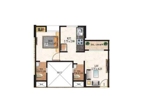 Floor plan of 1 BHK 363 Sq. Ft. Apartment in Raj Regalia, Thane