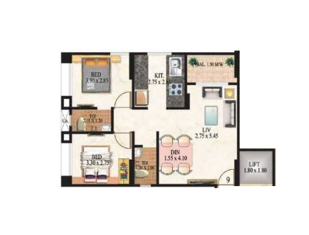 Floor plan of 2 BHK 688 Sq. Ft. Apartment in Raj Regalia, Thane