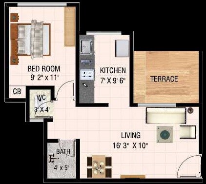 Floor plan of 1 BHK 390 Sq. Ft. Apartment in Raj Shreeji Iconic, Thane