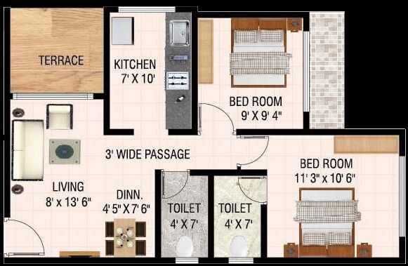 Floor plan of 2 BHK 560 Sq. Ft. Apartment in Raj Shreeji Iconic, Thane