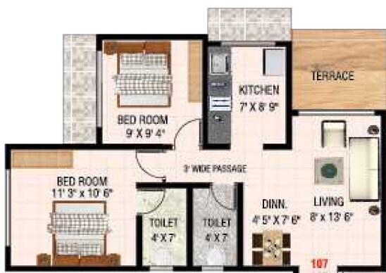 Floor plan of 2 BHK 625 Sq. Ft. Apartment in Raj Shreeji Iconic, Thane