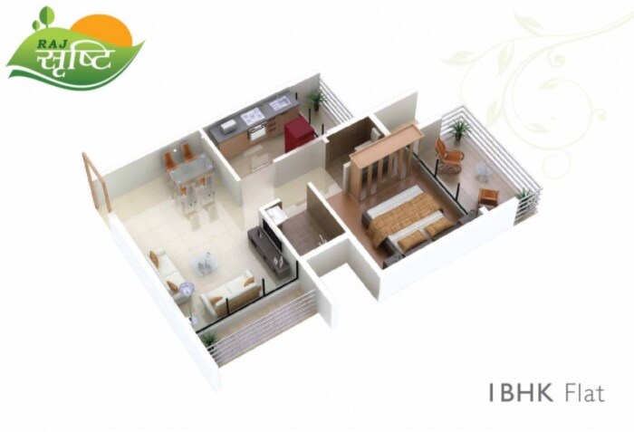 Floor plan of 1 BHK 580 Sq. Ft. Apartment in Raj Shrushti, Thane