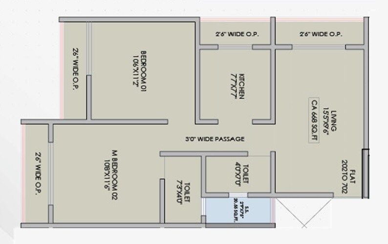 Floor plan of 2 BHK 589 Sq. Ft. Apartment in Raj Sonal Residency, Thane