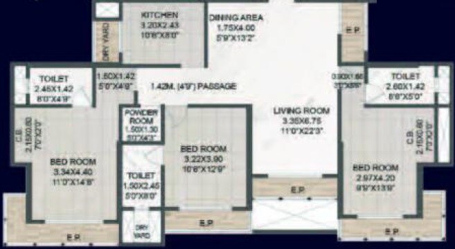 Floor plan of 3 BHK 1126 Sq. Ft. Apartment in Raj Tattva, Thane