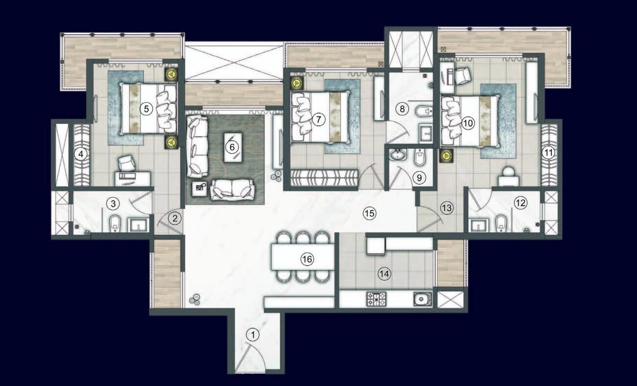 Floor plan of 3 BHK 1403 Sq. Ft. Apartment in Raj Tattva, Thane