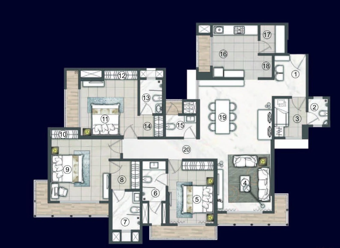 Floor plan of 3 BHK 1410 Sq. Ft. Apartment in Raj Tattva, Thane
