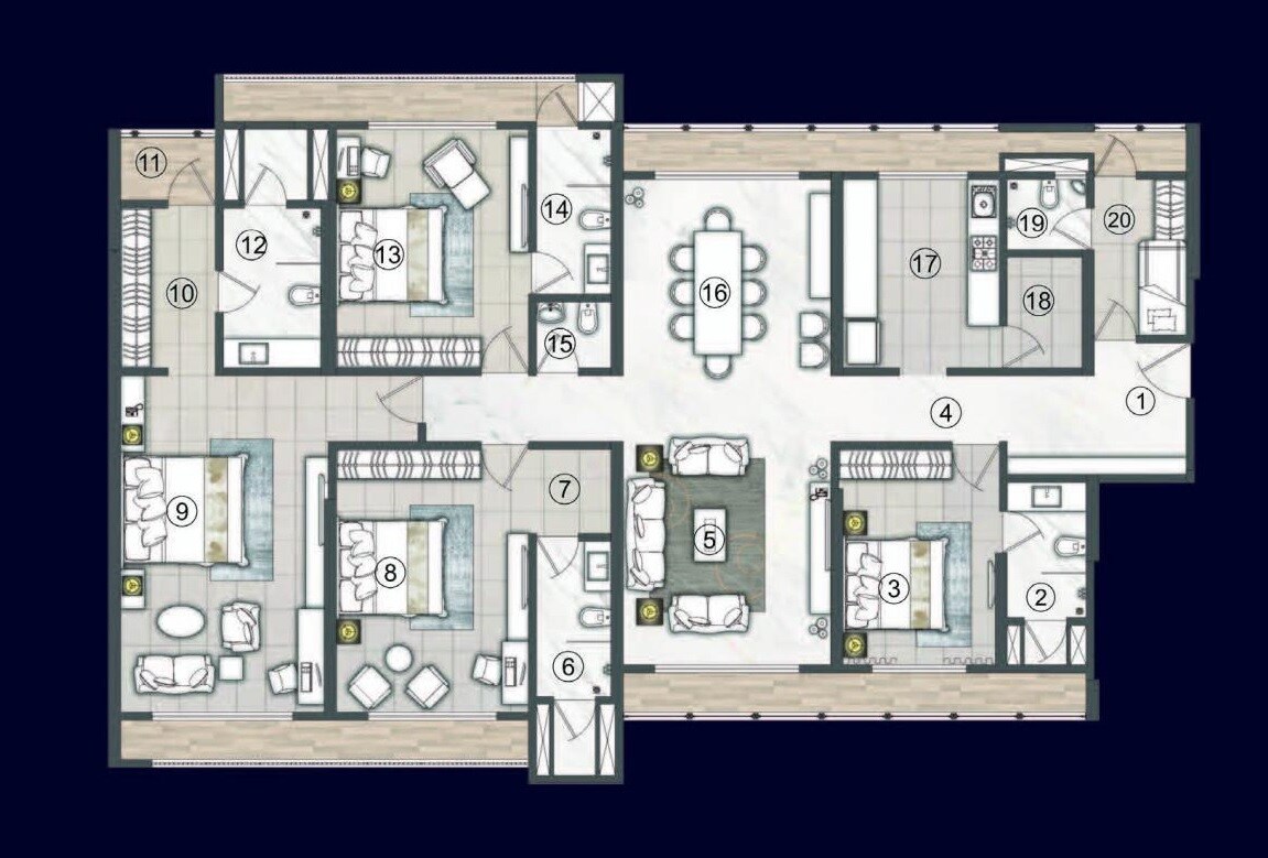 Floor plan of 4 BHK 1807 Sq. Ft. Apartment in Raj Tattva, Thane